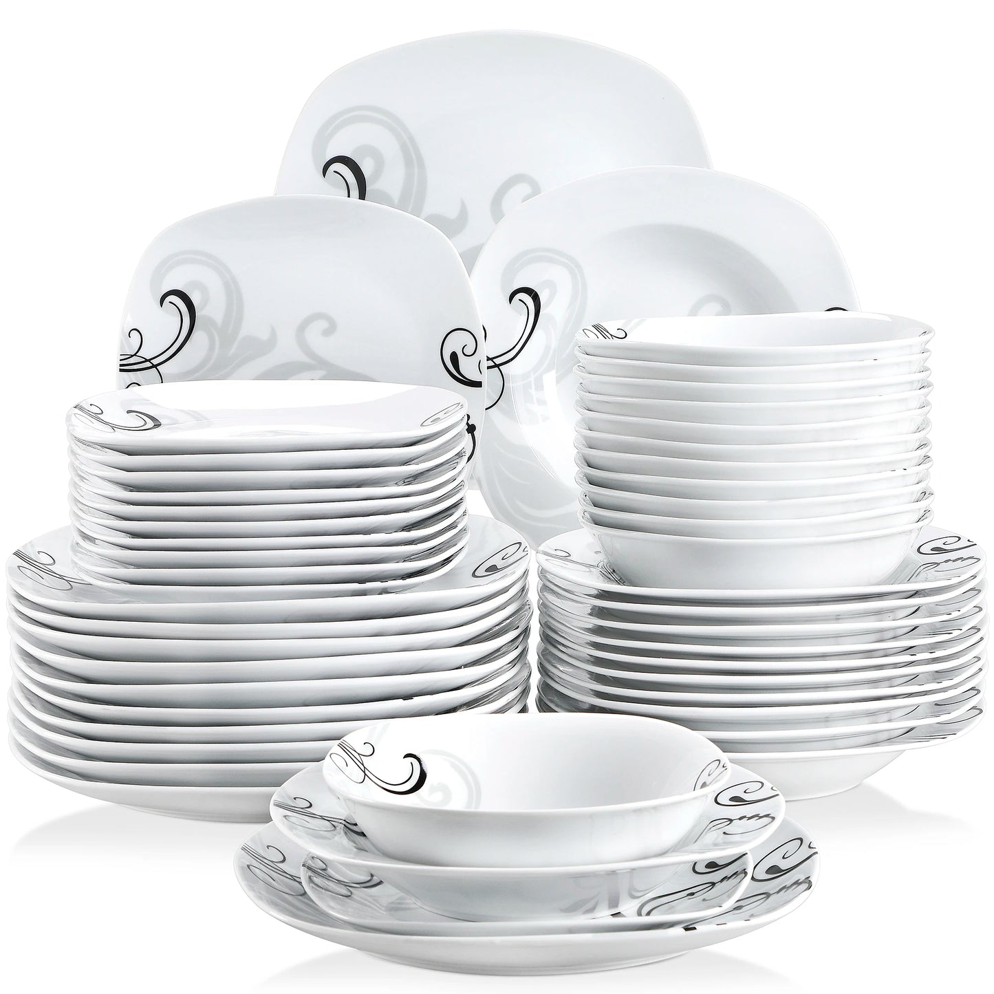 48-Piece Black Decals Dinner Combi-Set Porcelain Tableware