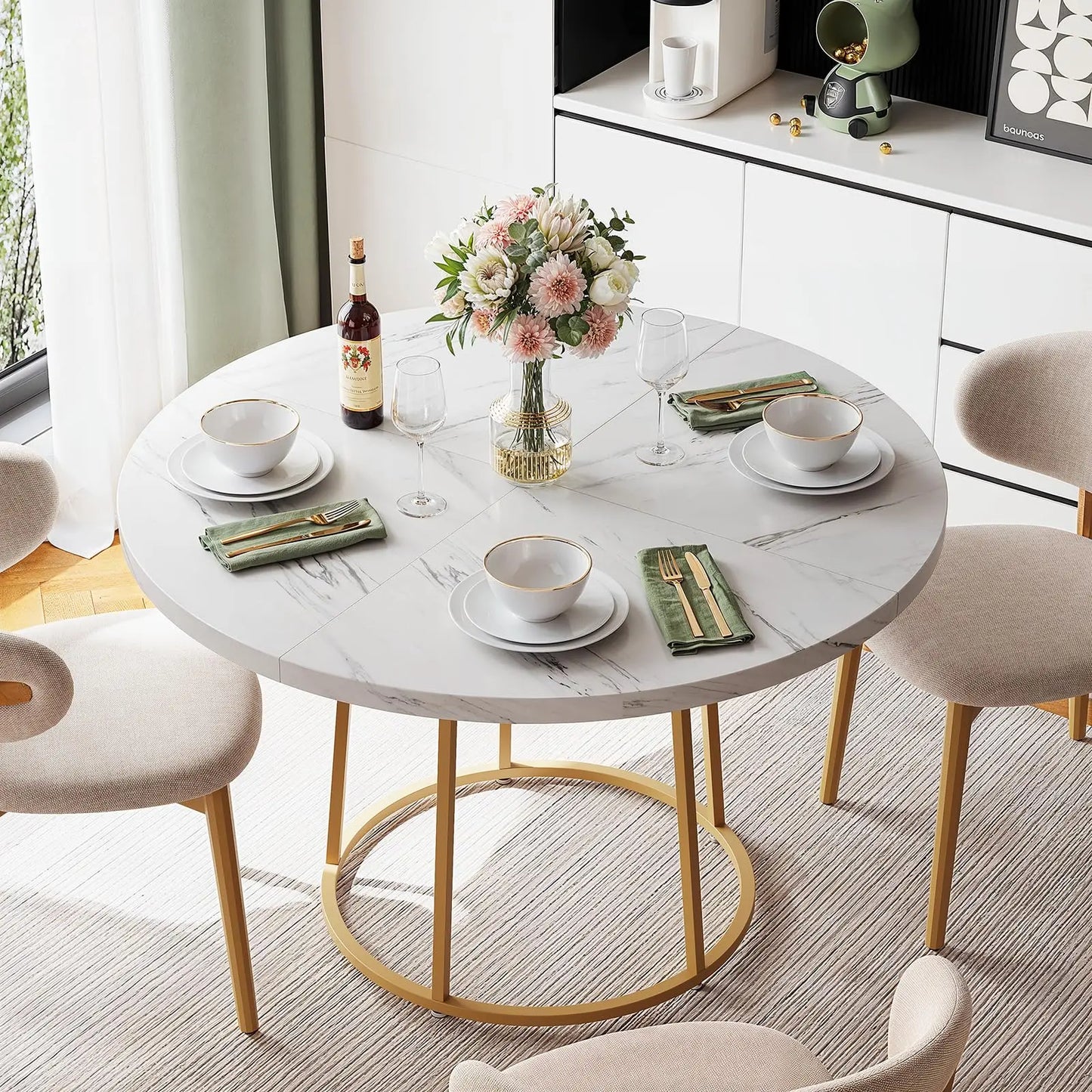 Round Dining Table - Wooden Faux Marble Top & Gold Base Design