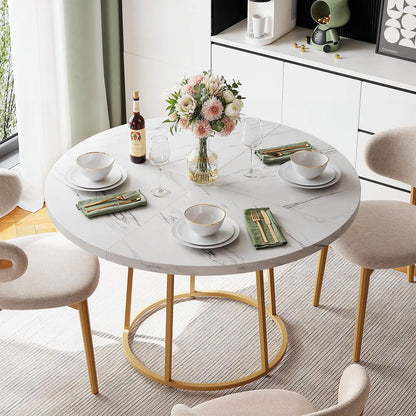 Round Dining Table - Wooden Faux Marble Top & Gold Base Design