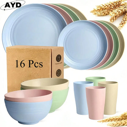 32/16Pcs AYD Wheat Straw Dinnerware Set For 8 People Black Plates Bowls Microwave Dishwasher Safe Durable Reusable Tableware Kit Valentine's Day Gift Household Kitchen Party Dishes Set