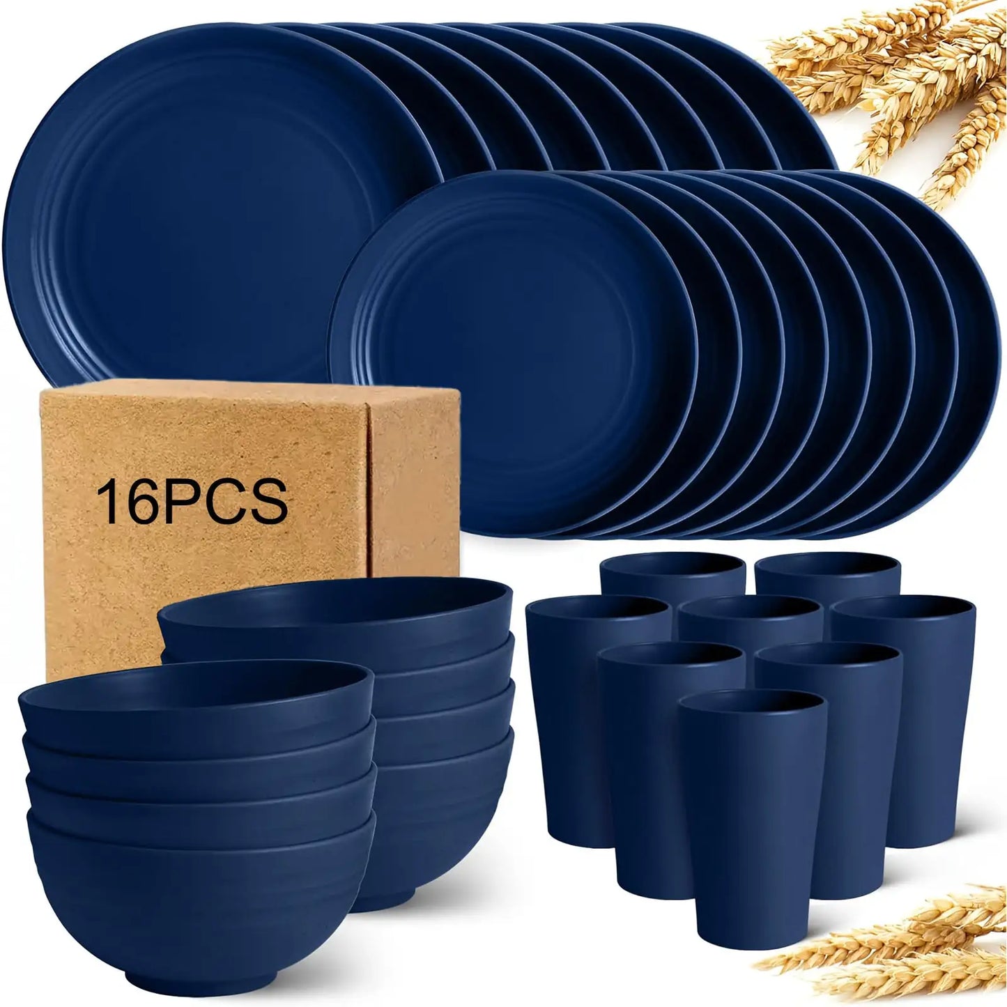 32/16Pcs AYD Wheat Straw Dinnerware Set For 8 People Black Plates Bowls Microwave Dishwasher Safe Durable Reusable Tableware Kit Valentine's Day Gift Household Kitchen Party Dishes Set