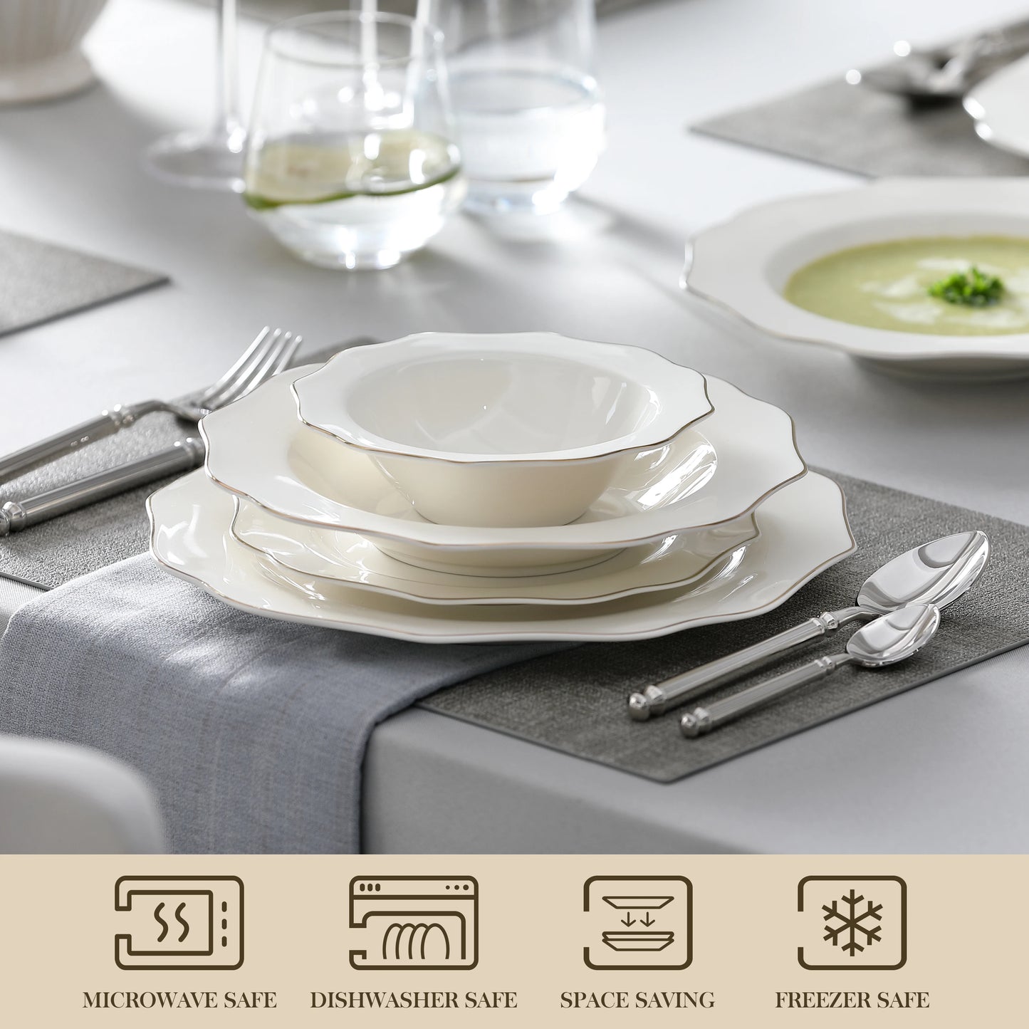 16/32-PIECE Nordic European Golden Rim White Porcelain Tableware Set