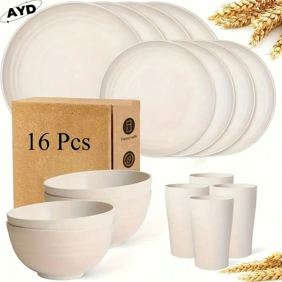 32/16Pcs AYD Wheat Straw Dinnerware Set For 8 People Black Plates Bowls Microwave Dishwasher Safe Durable Reusable Tableware Kit Valentine's Day Gift Household Kitchen Party Dishes Set