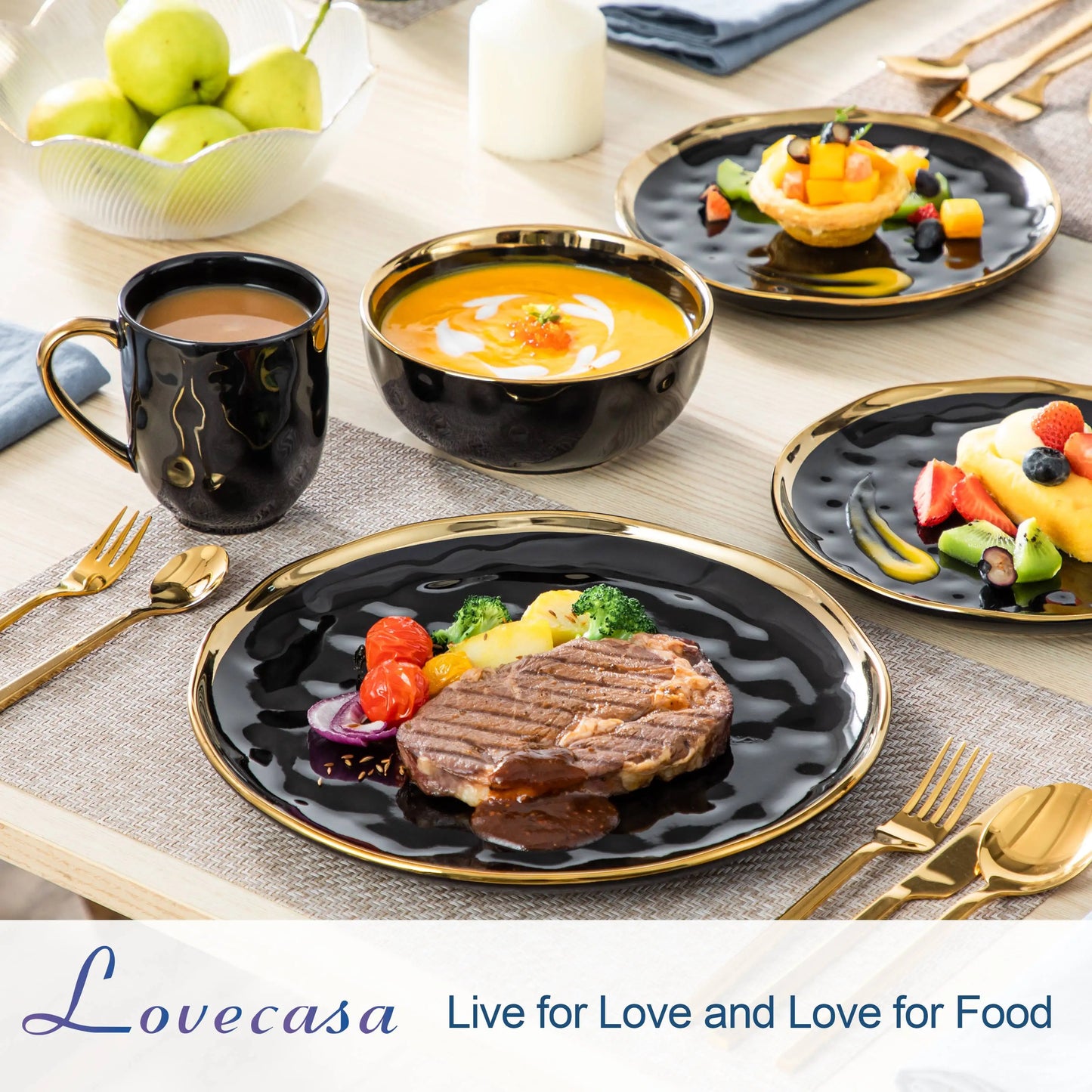 32 Piece Black Porcelain Dinnerware Set with Gold Trim
