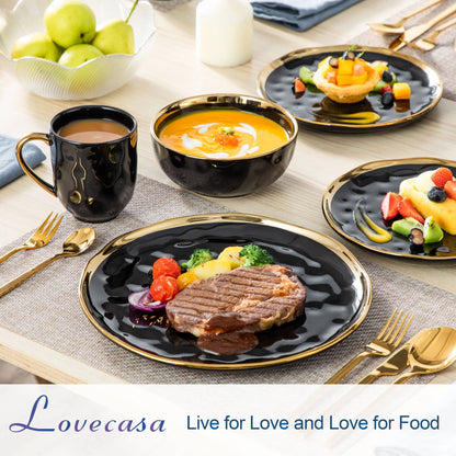 32 Piece Black Porcelain Dinnerware Set with Gold Trim