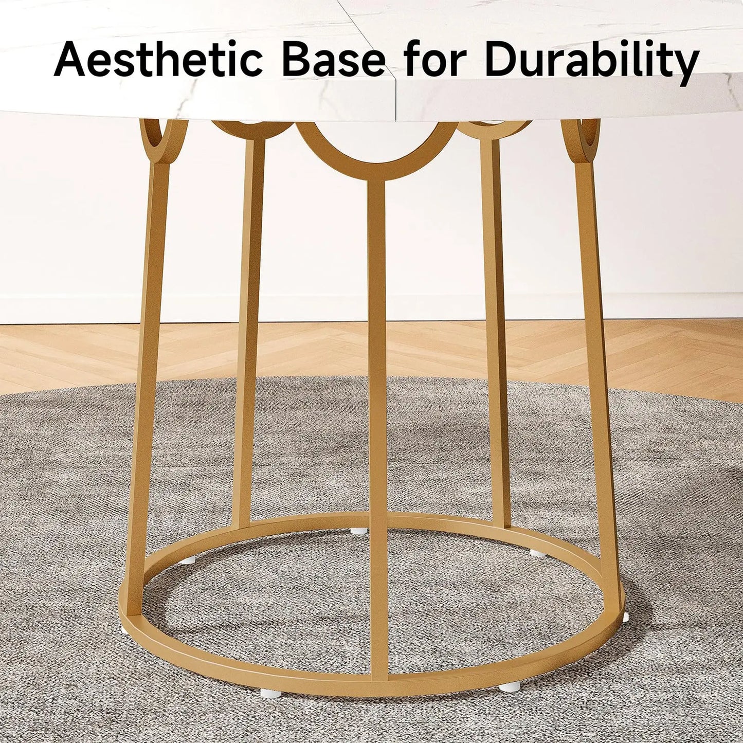 Round Dining Table - Wooden Faux Marble Top & Gold Base Design