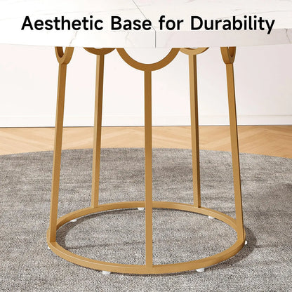 Round Dining Table - Wooden Faux Marble Top & Gold Base Design