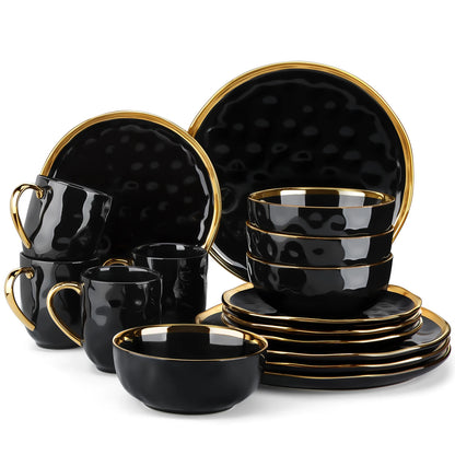 32 Piece Black Porcelain Dinnerware Set with Gold Trim
