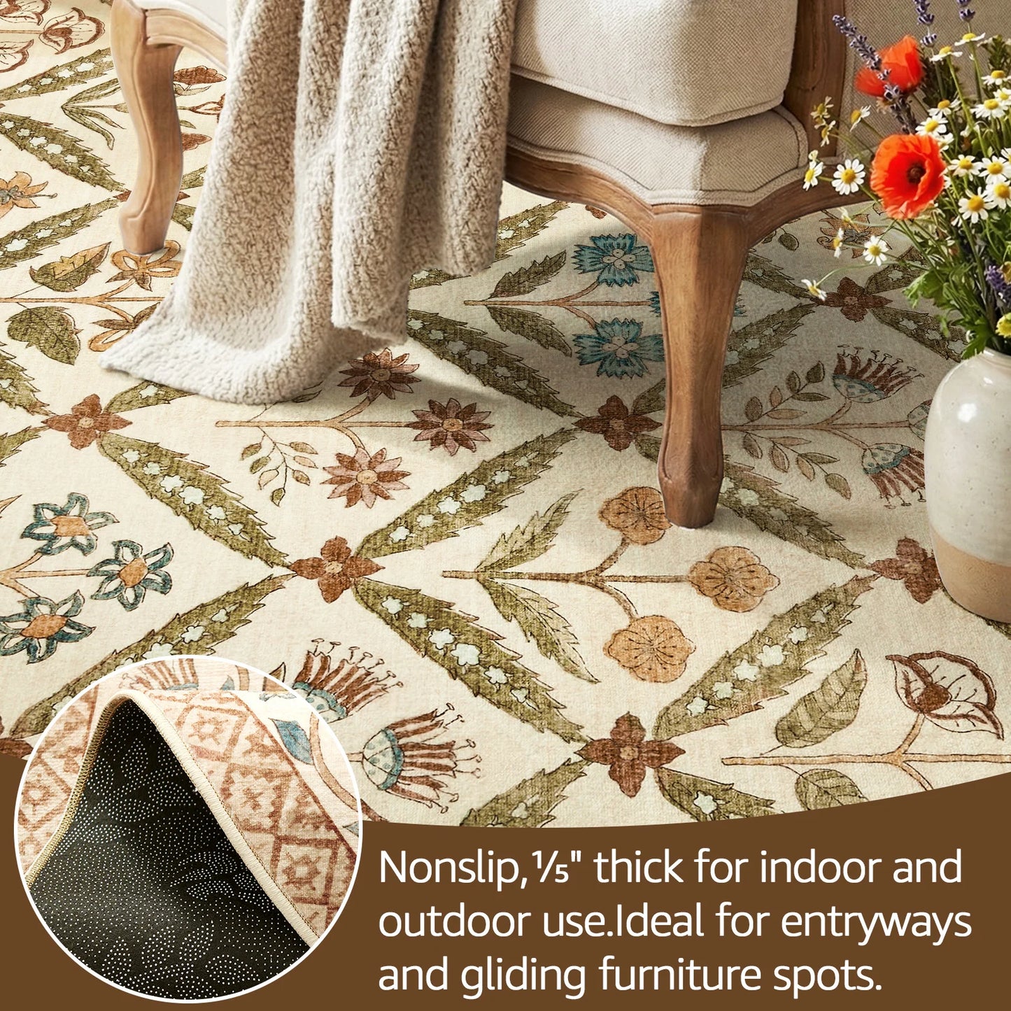 Washable Area Rug Vintage Botanical Kitchen Mat