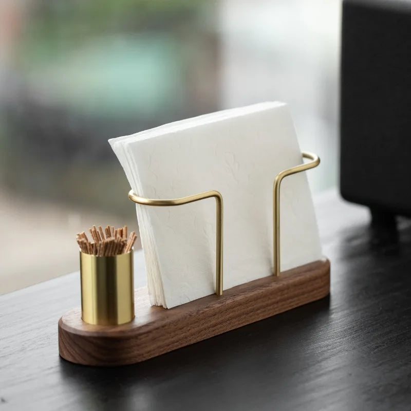 Walnut Wood & Brass 2-in-1 Napkin Holder with Toothpick Dispenser