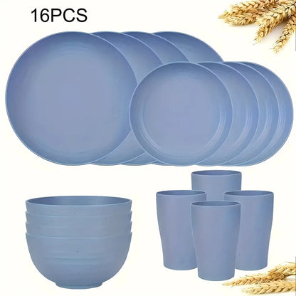 32/16Pcs AYD Wheat Straw Dinnerware Set For 8 People Black Plates Bowls Microwave Dishwasher Safe Durable Reusable Tableware Kit Valentine's Day Gift Household Kitchen Party Dishes Set