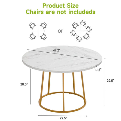 Round Dining Table - Wooden Faux Marble Top & Gold Base Design