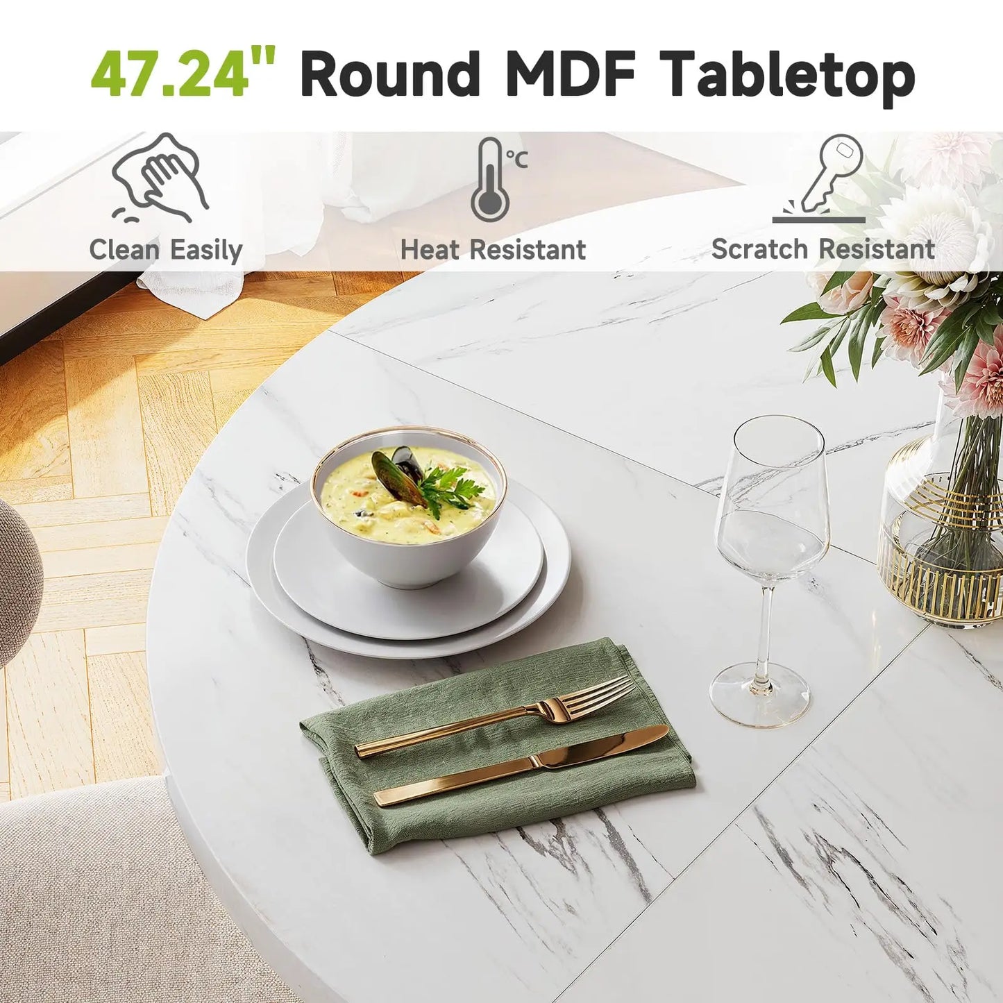 Round Dining Table - Wooden Faux Marble Top & Gold Base Design