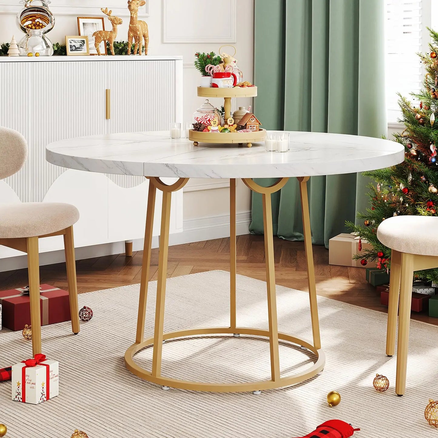 Round Dining Table - Wooden Faux Marble Top & Gold Base Design