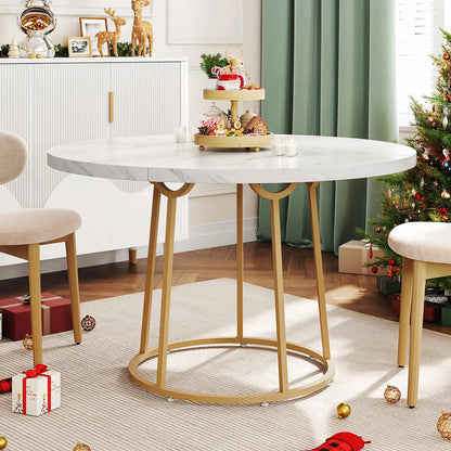 Round Dining Table - Wooden Faux Marble Top & Gold Base Design
