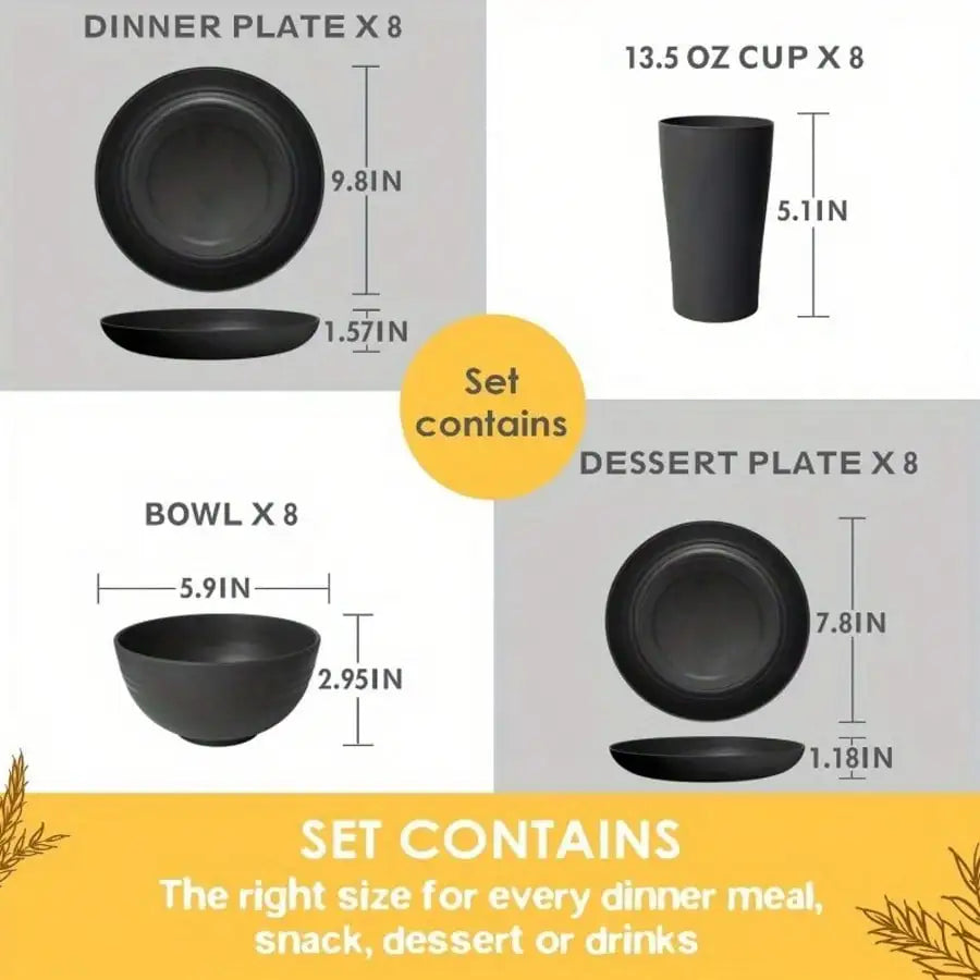 32/16Pcs AYD Wheat Straw Dinnerware Set For 8 People Black Plates Bowls Microwave Dishwasher Safe Durable Reusable Tableware Kit Valentine's Day Gift Household Kitchen Party Dishes Set