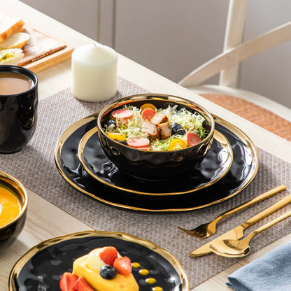 32 Piece Black Porcelain Dinnerware Set with Gold Trim