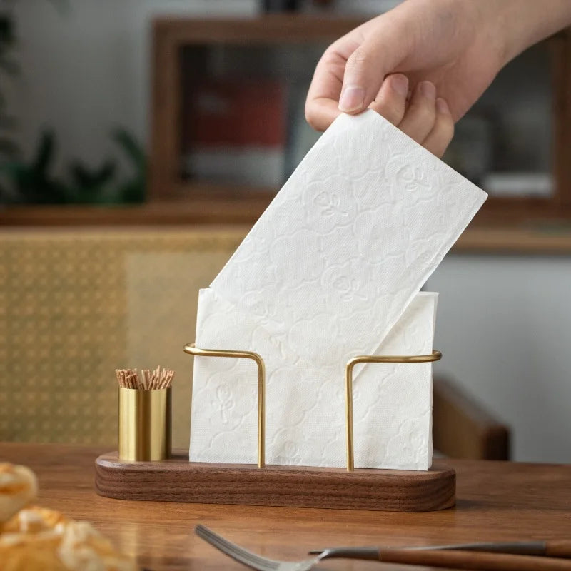 Walnut Wood & Brass 2-in-1 Napkin Holder with Toothpick Dispenser