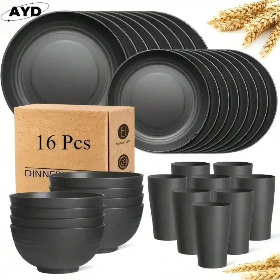 32/16Pcs AYD Wheat Straw Dinnerware Set For 8 People Black Plates Bowls Microwave Dishwasher Safe Durable Reusable Tableware Kit Valentine's Day Gift Household Kitchen Party Dishes Set