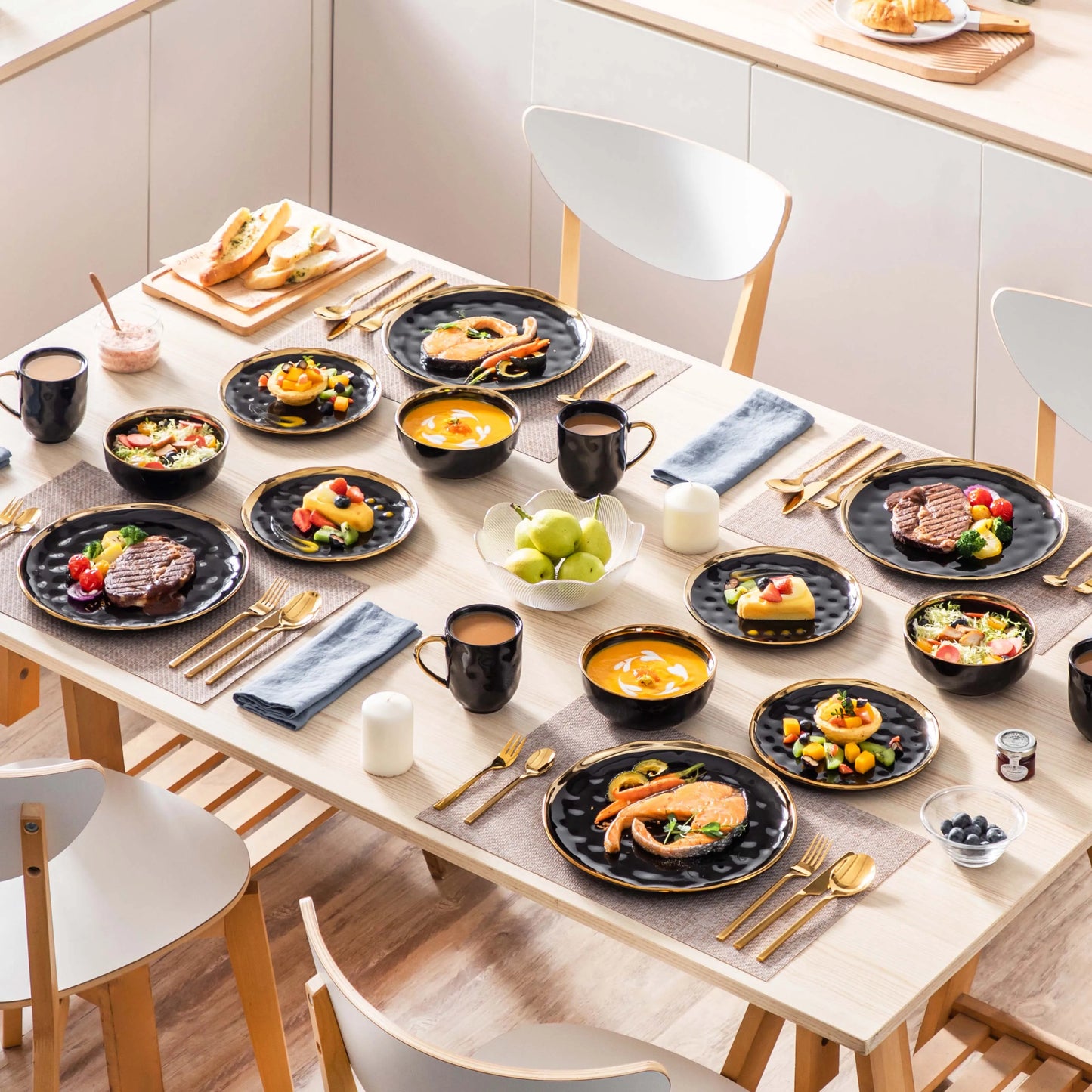 32 Piece Black Porcelain Dinnerware Set with Gold Trim