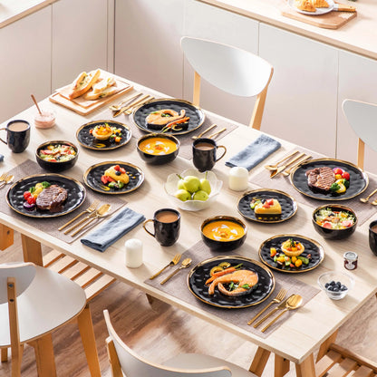 32 Piece Black Porcelain Dinnerware Set with Gold Trim
