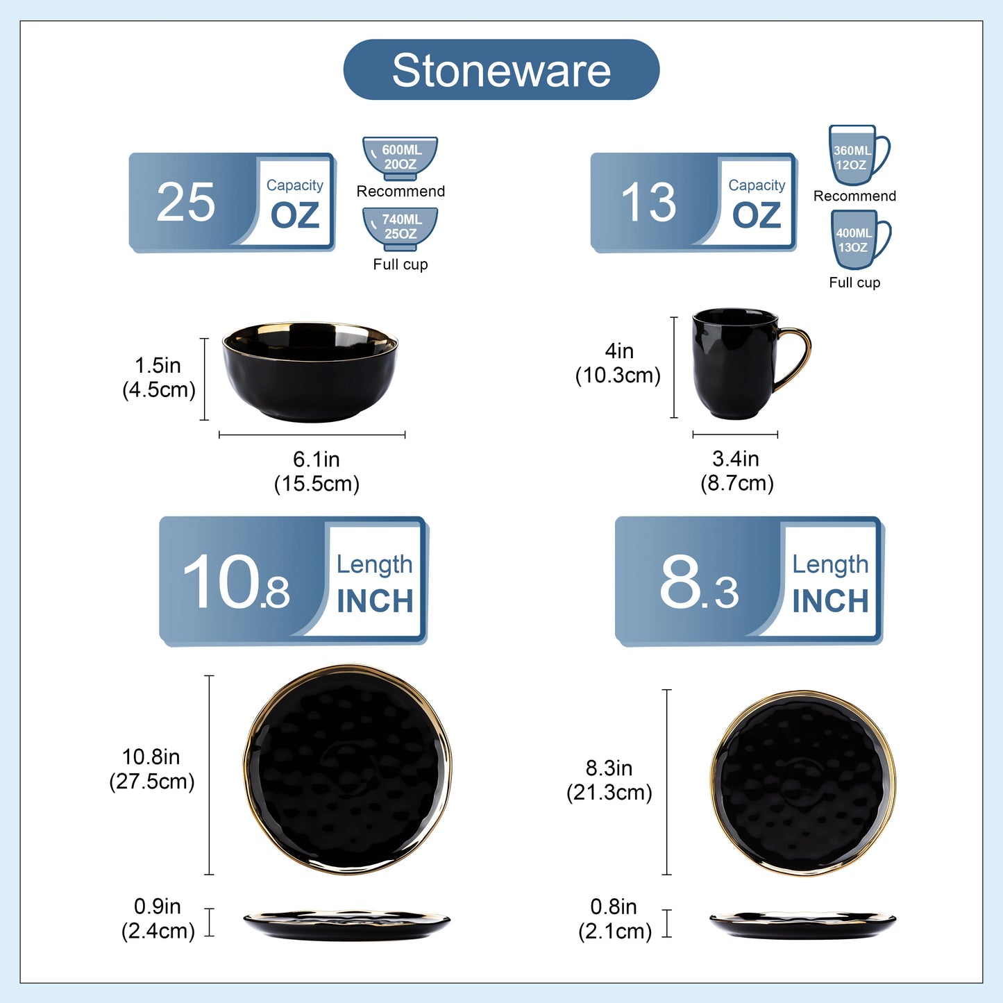 32 Piece Black Porcelain Dinnerware Set with Gold Trim