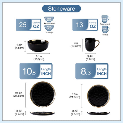 32 Piece Black Porcelain Dinnerware Set with Gold Trim