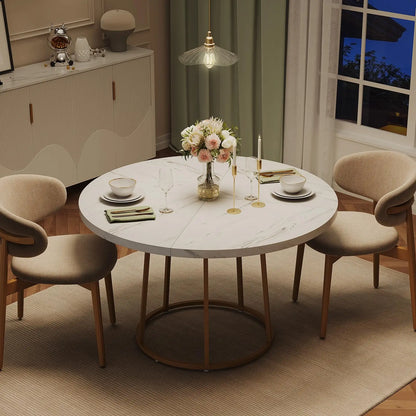 Round Dining Table - Wooden Faux Marble Top & Gold Base Design