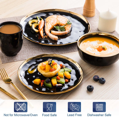 32 Piece Black Porcelain Dinnerware Set with Gold Trim