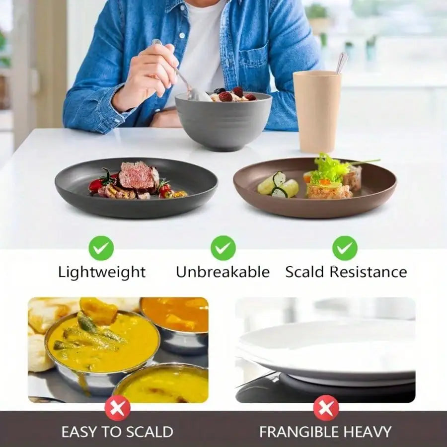 32/16Pcs AYD Wheat Straw Dinnerware Set For 8 People Black Plates Bowls Microwave Dishwasher Safe Durable Reusable Tableware Kit Valentine's Day Gift Household Kitchen Party Dishes Set