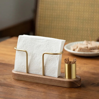 Walnut Wood & Brass 2-in-1 Napkin Holder with Toothpick Dispenser