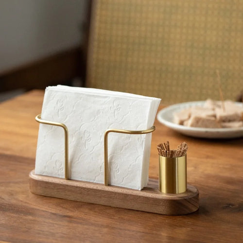 Walnut Wood & Brass 2-in-1 Napkin Holder with Toothpick Dispenser