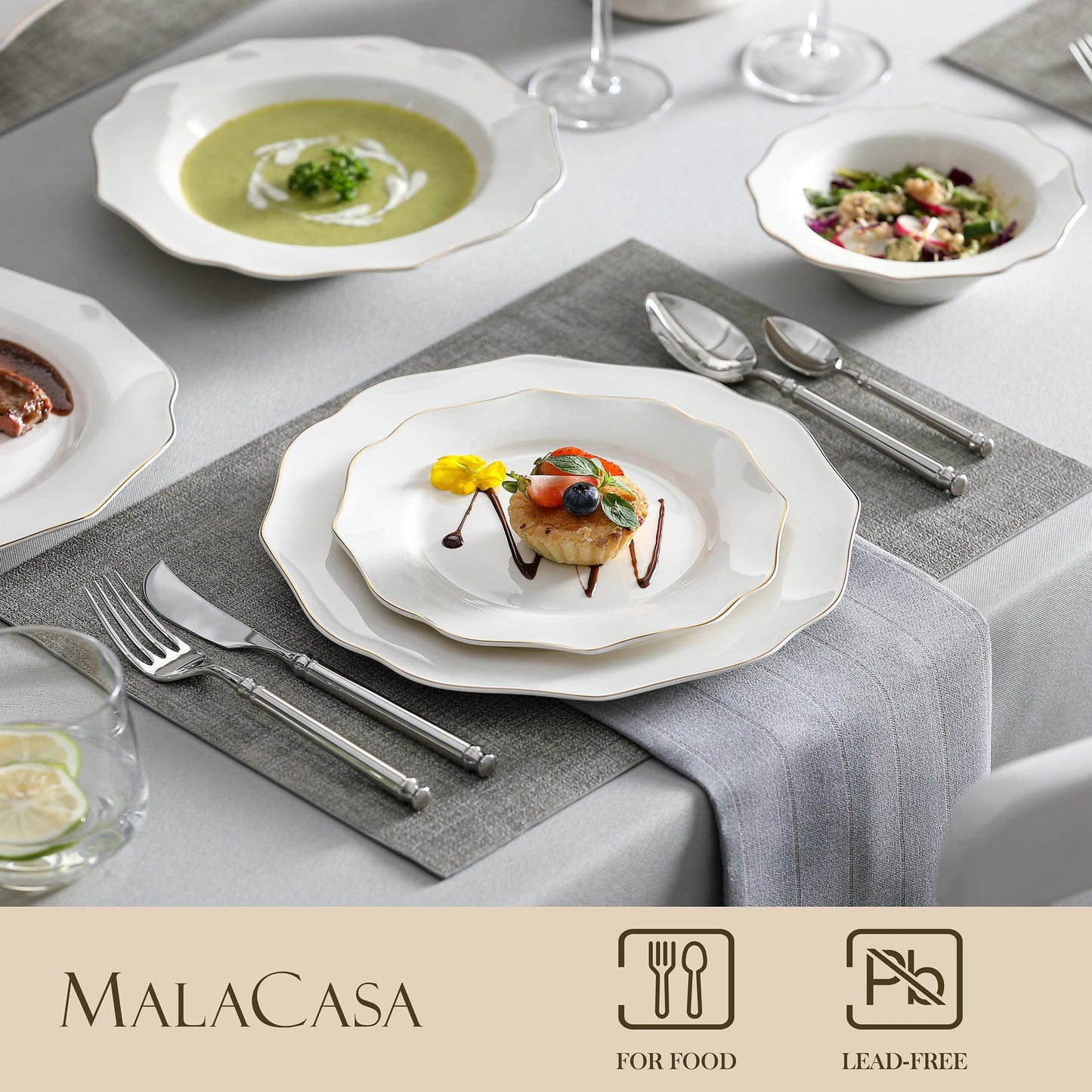 16/32-PIECE Nordic European Golden Rim White Porcelain Tableware Set