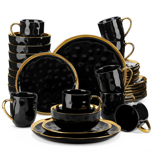 32 Piece Black Porcelain Dinnerware Set with Gold Trim