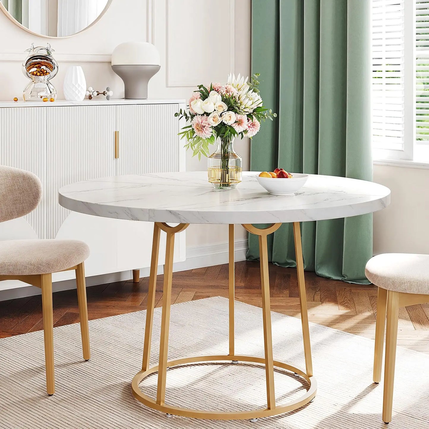 Round Dining Table - Wooden Faux Marble Top & Gold Base Design