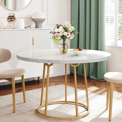 Round Dining Table - Wooden Faux Marble Top & Gold Base Design