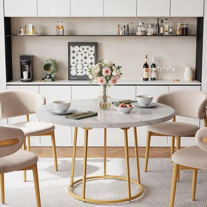 Round Dining Table - Wooden Faux Marble Top & Gold Base Design