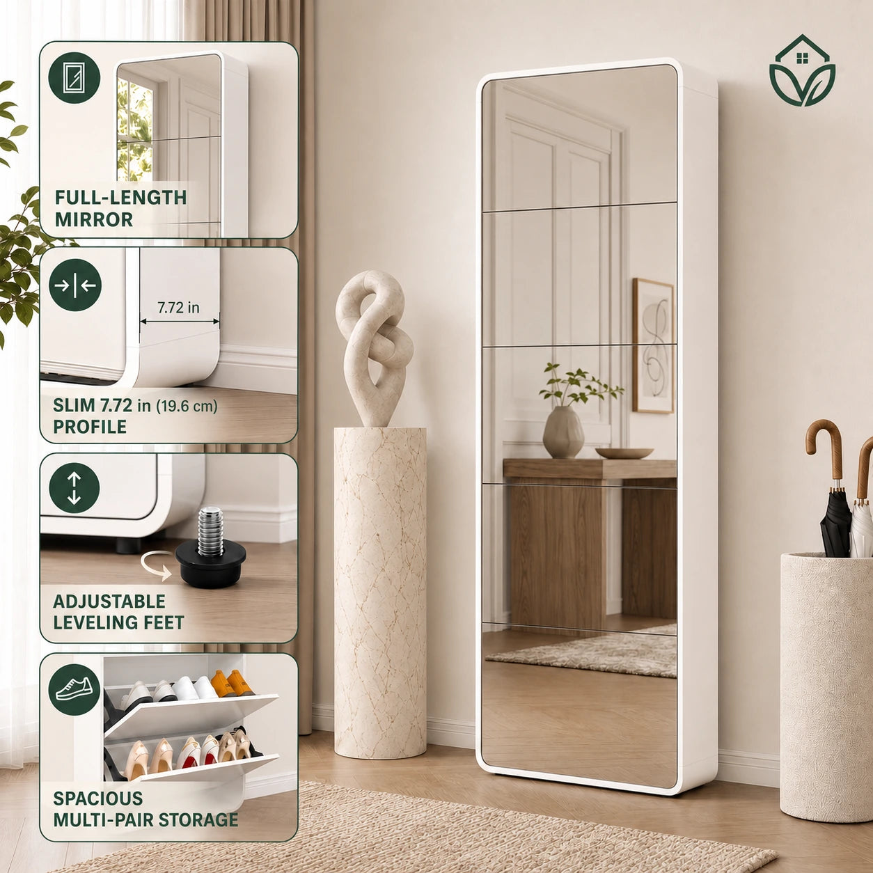 Mirror Shoe Storage Cabinet 5 Drawers