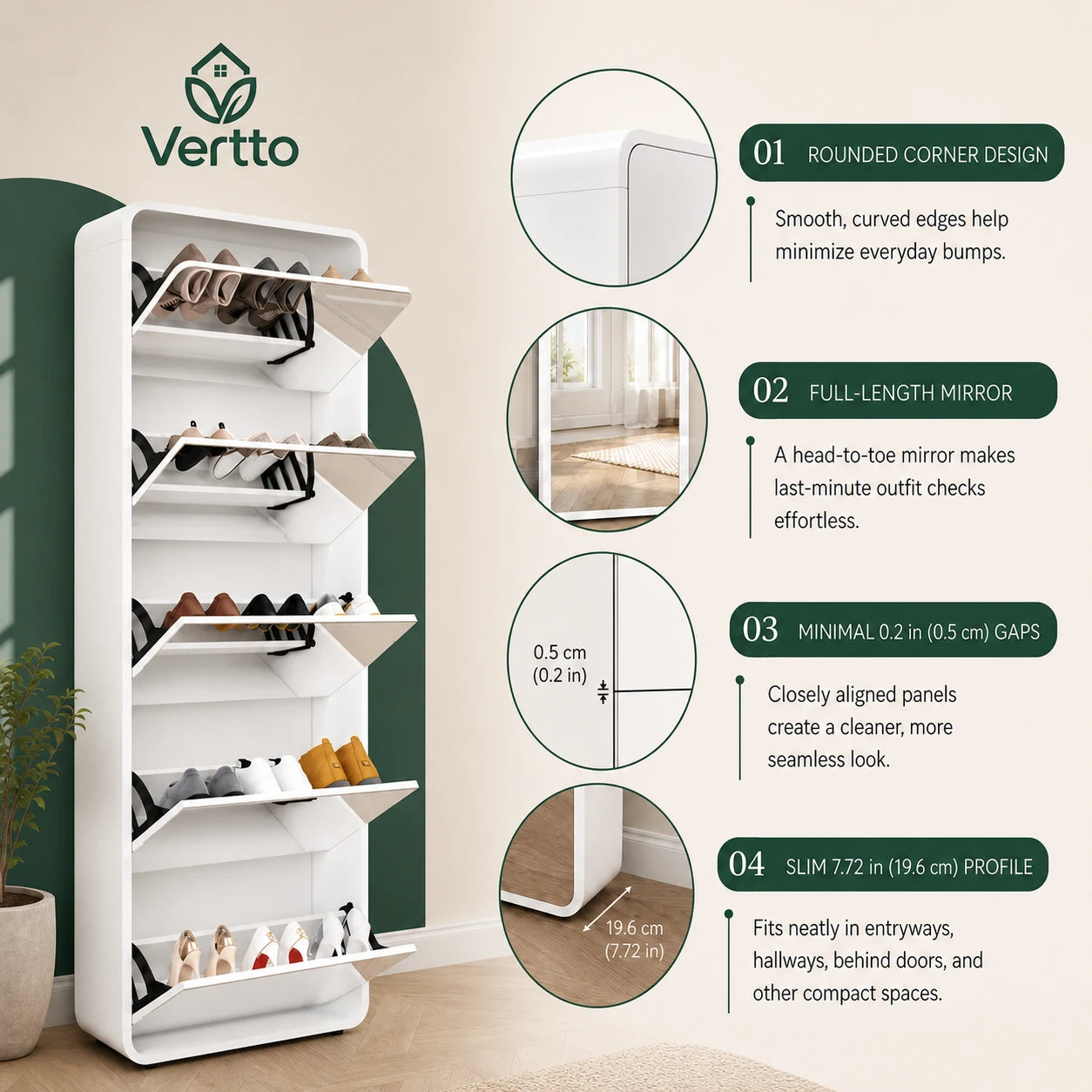 Mirror Shoe Storage Cabinet 5 Drawers